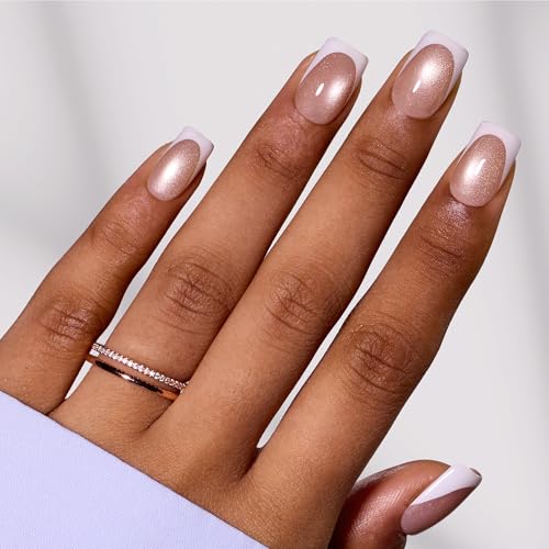 Image of Beetles French Tip Press On Nails 160Pcs Short Squoval Soft Nail Gel Tips | Brown Cat Eye Gel Painted Fake Nails, 16 Sizes for DIY Manicure Glassy Amber French