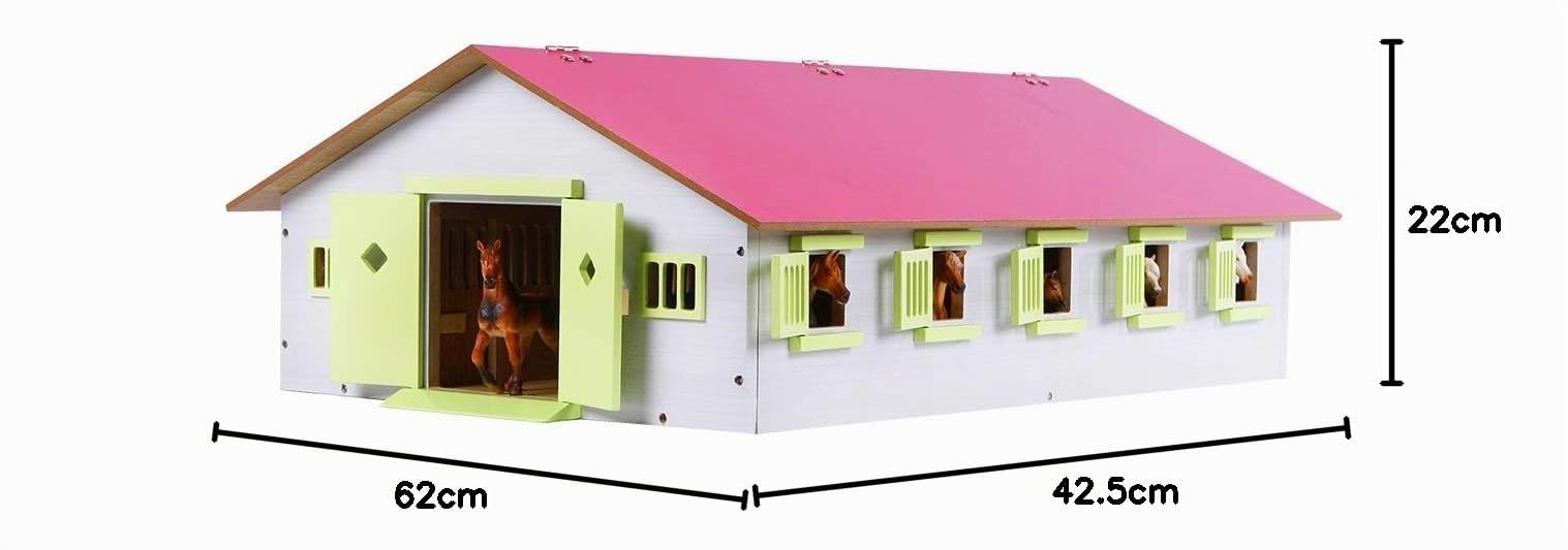 Van Manen Kids Globe Farming Granja Ecuestre con 9 establos, Caballo, cuadra de Madera con Techo Plegable, 610188, Color Rosa