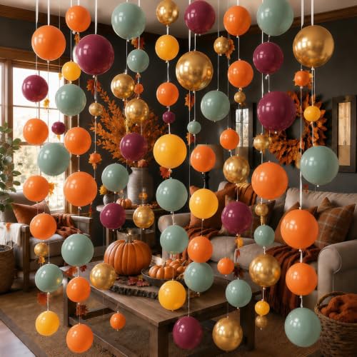 Image of Green Orange Balloons, 12 Inch Fall Balloons with Burgundy Yellow Balloons