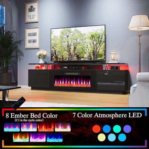 Image of AMERLIFE 80 inch High-Gloss Fireplace TV Stand with 40 inch Electric Fireplace | Black LED TV Console, Modern Living Room Entertainment Center, Fits TVs up to 90 inch, 2 Cabinets, 2-Tier Storage Space