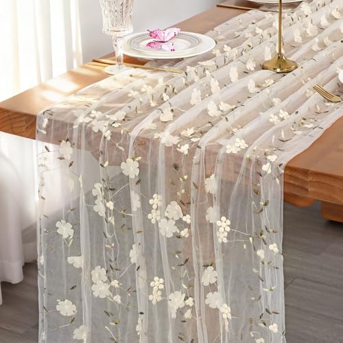 Weldomcor Tischläufer Frühling Weiß 76×305 cm Gaze Tischdecke mit Blumen Stickerei Käsetuch Tischdecken Spitze Tüll Stoff Tischband für Hochzeit Geburtstag Urlaub Party Küche Drinnen Tischdeko