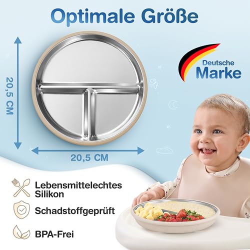 Mutkind® 3x Baby Teller mit Saugnapf - (Extra Starker Halt) Edelstahl Kinderteller - Spülmaschinengeeignet - Rutschfester Babyteller mit… – Ansicht 2