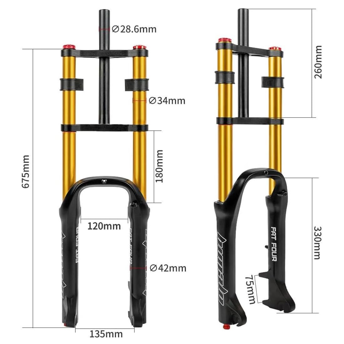 20 Pollici 4,0 Forcella Fat Bike Corsa 120mm Forcella Sospensioni Air Bici Ritorno Regolabile 1-1/8 Diritta Forcella Anteriore E-Bike Freno A Disco QR 9x135mm Blocco Manuale(Black)