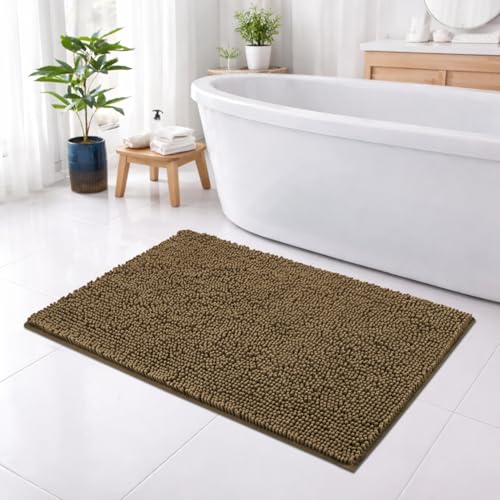 Image of LUXE HOME INTERNATIONAL Shaggy Chenille Bath Mat Extra Soft Super Absorbent Anti Skid Slip Popcorn Door Mats for Home Entrance, Bathroom, Bedroom, Kitchen, Floor Mat (45x75 cm Chocolate) Pack of 1