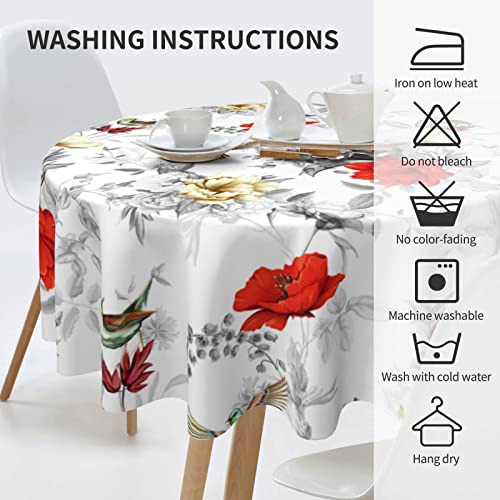 Red Flowers Birds Tablecloth Round 60 Inch Vinyl Grey Black Leaves Table Cloth Waterproof Fabric Farmhouse Tablecloths Decorative For Holiday Home Party Wedding Picnic #TOP5