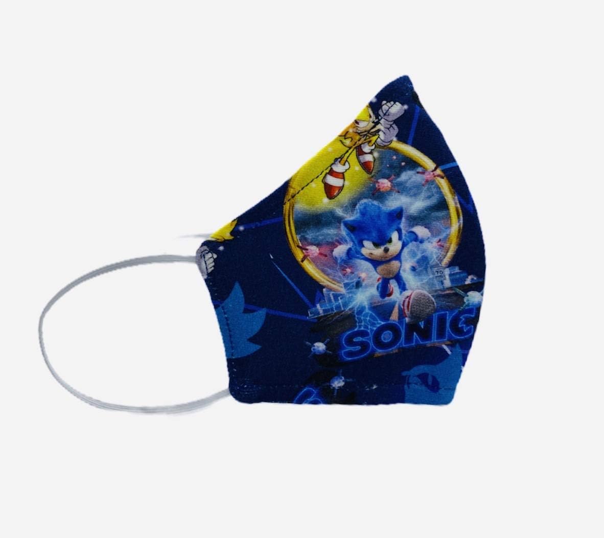 Sonata London Handmade Children's Sonic face mask, 6-8 years old, 3 Layers Of Breathable 100% Cotton, Reusable, Washable, Face Mouth Mask, Protection Filter Pocket, UK Seller