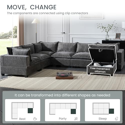 Merax Modern Oversized U-Shaped Sectional Sofa with Piollows & Chaise Lounge, Chenille 7-Seat Couch Set Sleeper Bed with Storage Ottoman for Living Room Gray