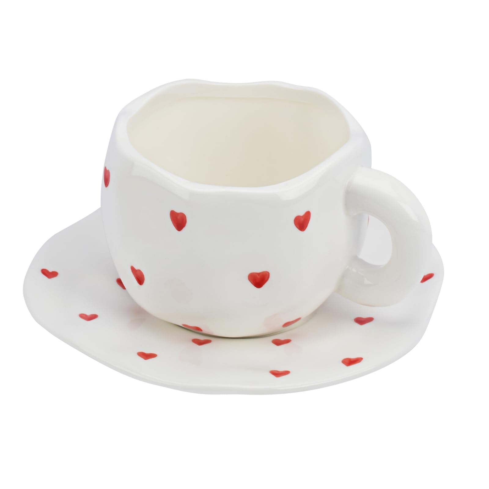 Koythin 10oz Ceramic Mug With Saucer, Small Red Heart Couple Latte Tea Cup