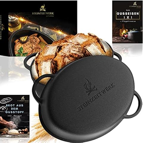 STEINZEITWERK® Gusseisen Bräter mit Deckel=Pfanne - 8,3 L großer ovaler Gusseisen Topf Brot backen als ideale Brotbackform oder Auflaufform, Dutch Oven, Schmortopf, Induktion geeignet Cover