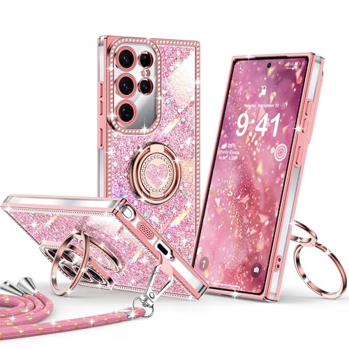 XYZ for Galaxy S24 Ultra Case, Glitter Bling Phone Cover with 2-Ring Heart Stand & Lanyard, Women Girls Luxury Rhinestone Shockproof Protective Case para Samsung S24 Ultra, Pink