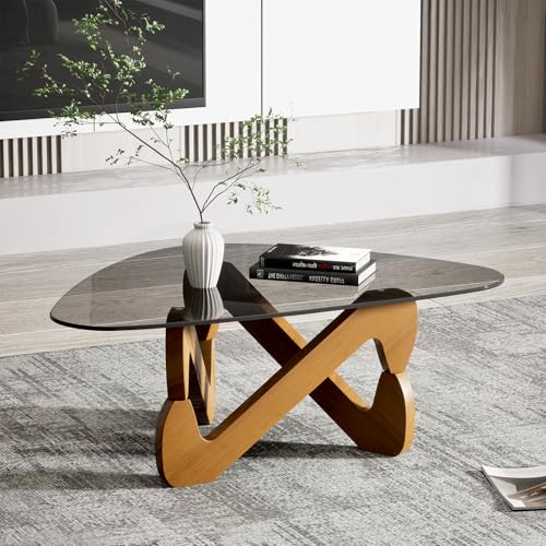 Table basse triangulaire en verre moderne avec base triangulaire en bois massif et verre trempé épais, table d'appoint, table basse originale pour salon,...