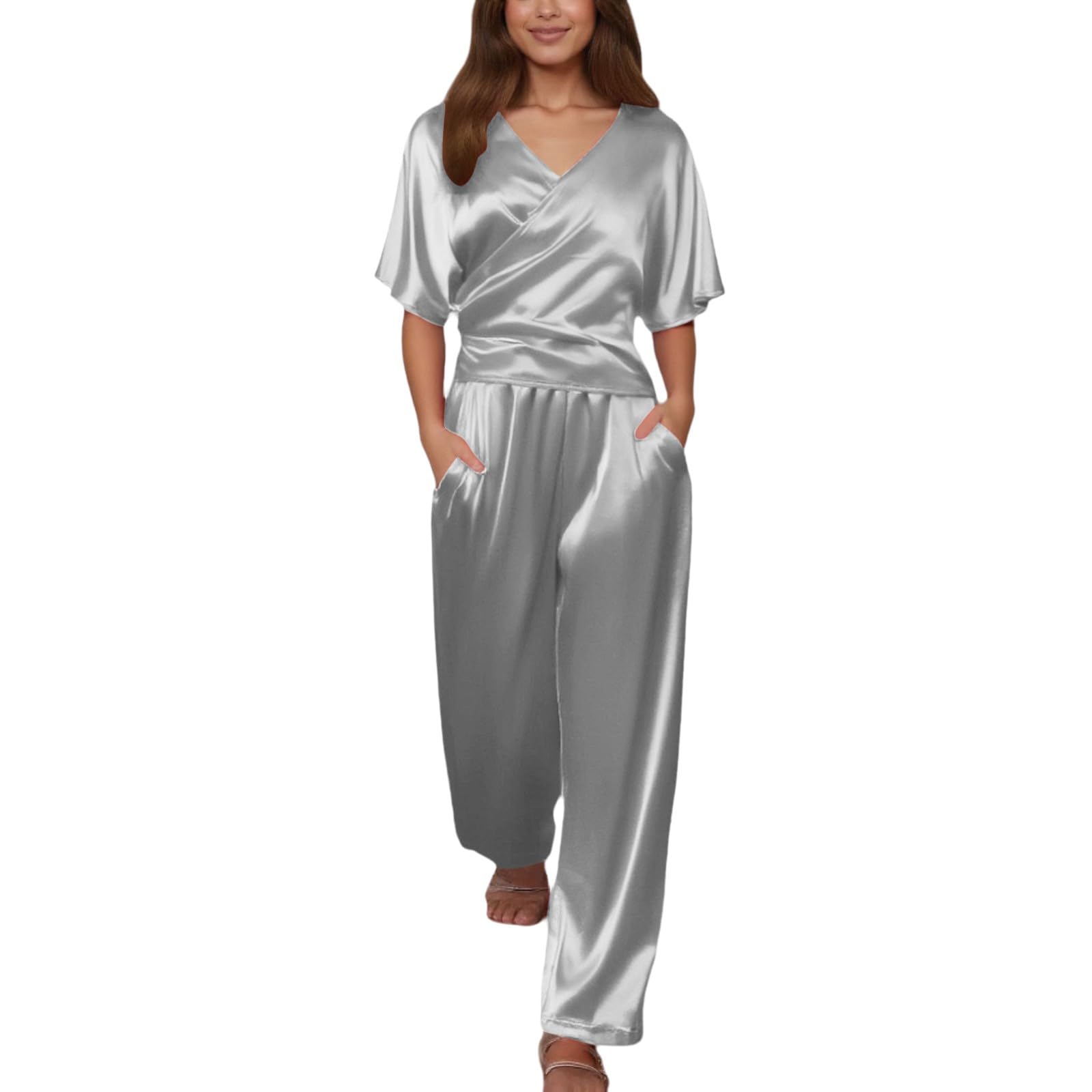 Generisch Damen Casual Solide Halbarm Shirt Gürtel Kontrast Tasche Kordelzug Hose Hosen Set