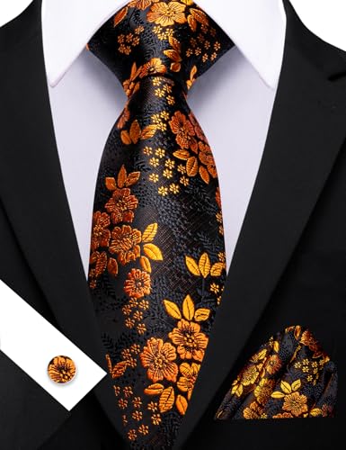 Image of Barry.Wang Flower Ties for Men Handkerchief Cufflinks Set Wedding Necktie Set Party