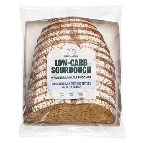 Robert Andrew Low Carb Sourdough Wholegrain Bread - 5.6g Carbs, 7g Protein, Sliced High Protein Half Bloomer, Low Calorie Keto Loaf, Low Sugar Ketogenic Diet, Diabetic Food, 88 Calories – 400g