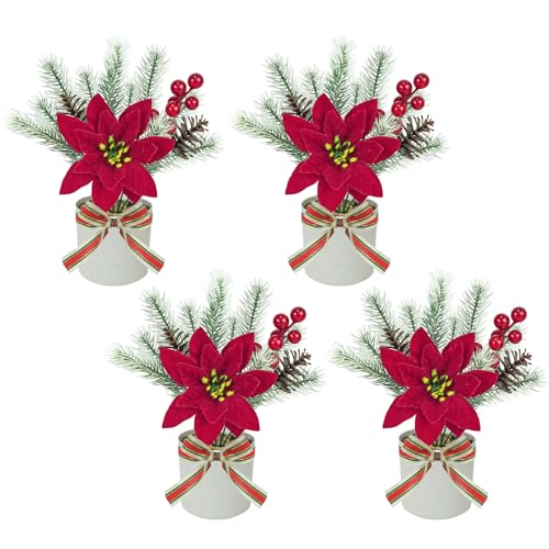 4 Packs Small Artificial Poinsettia Flower in Pot,All-in-One Xmas Decor,Red