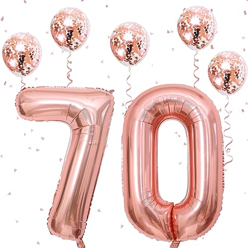 Image of 70th Birthday Number Balloons for Women, Large 70 Number Balloons Foil with Confetti Balloons, Rose Gold 40 Inch Self Inflating Balloons for Girls 7th Birthday Party Anniversary Decorations Supplies