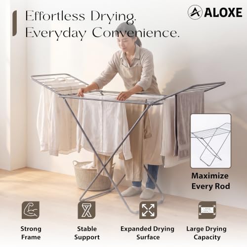 Image of ALOXE Foldable Clothes Drying Stand | Heavy Duty Cloth Dryer Stand with Wings | Mild Steel Rack for Indoor Outdoor Balcony Use (Grey)