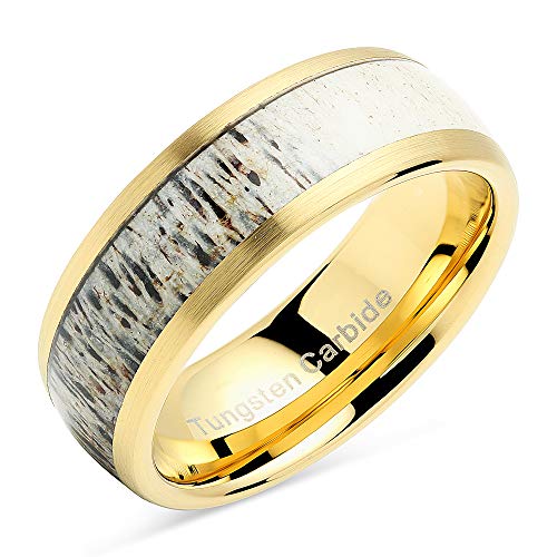 100S JEWELRY Tungsten Rings for Men Gold Wedding Band Antler Inlaid Dome Edge Matte Finish Size 8-162