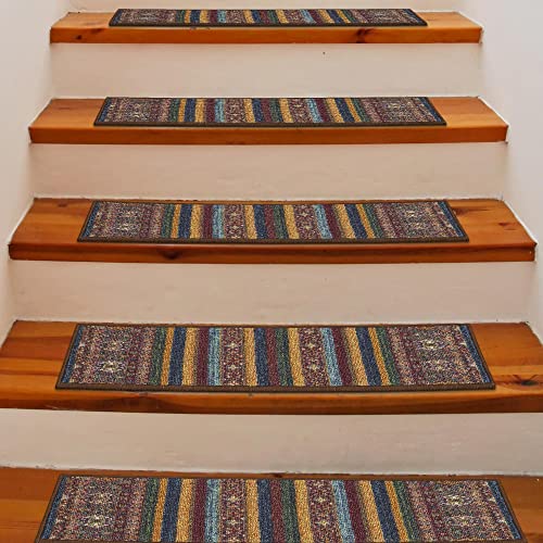 Ottomanson Machine Washable Vintage Striped Design Non-Slip Rubberback 8.5" X 26" Traditional Stair Treads For Wooden Stairs, 7 Pack, Multicolor #TOP3