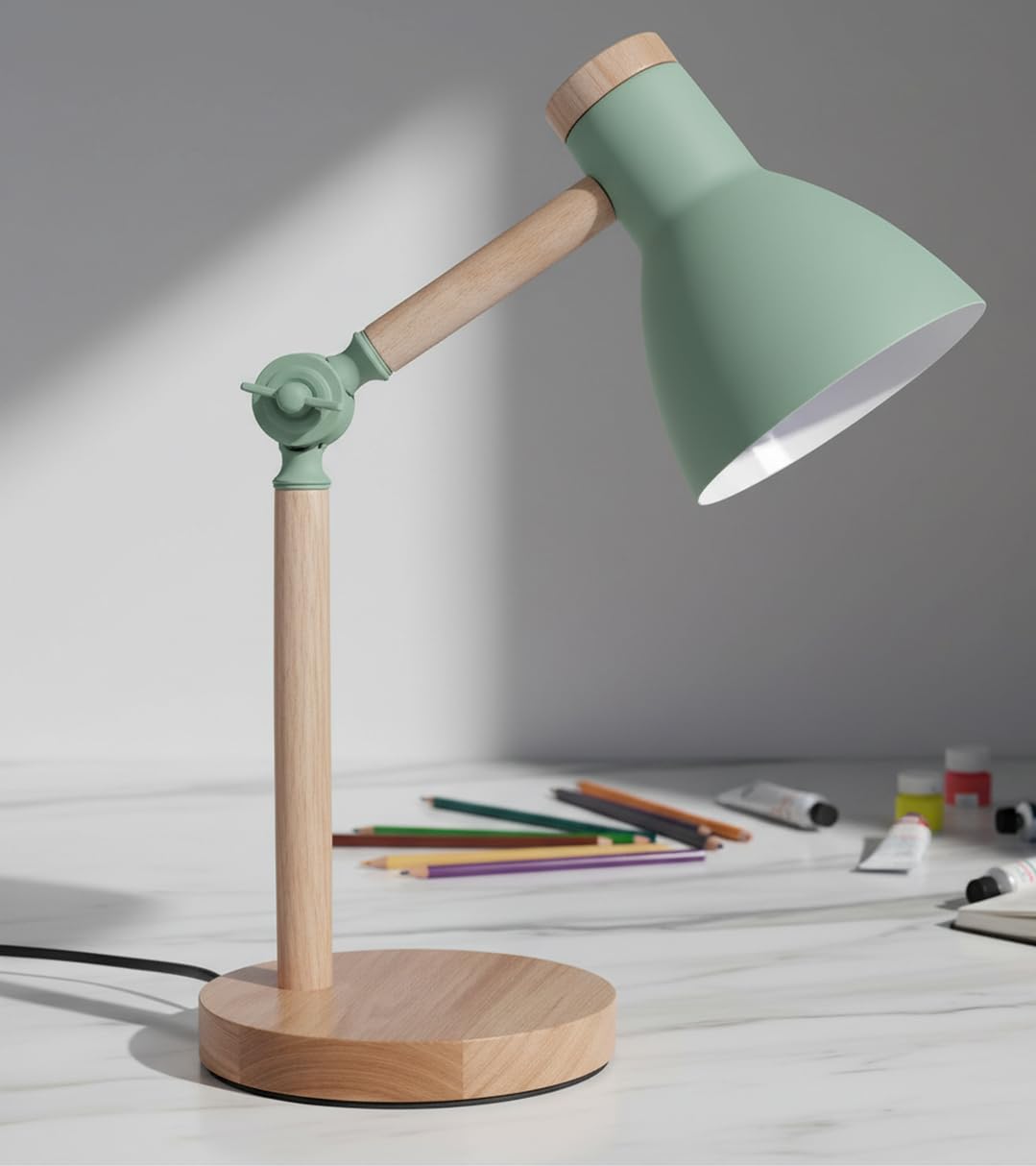 BEL AIR HOME - Lámpara Flexo de Escritorio TEACHER - 1xE-27 de Madera y Metal - Diseño Moderno y Elegante para Oficinas y Escritorios de Casa - Altura de 47cm (No Incluye Bombilla) (VERDE)