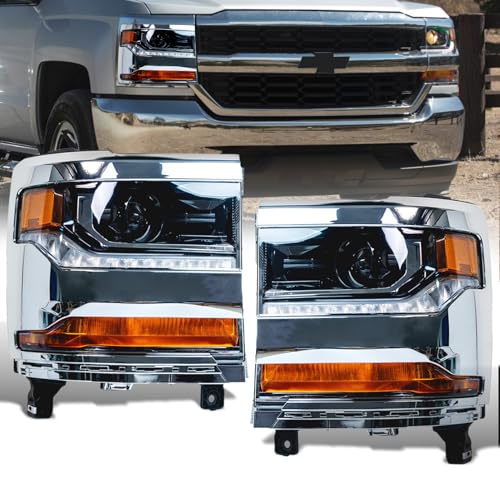 AUTNZE HID/Xenon Headlight Assembly Compatible with 2016 2017 2018 Chevy Silverado 1500 Headlamp Black Housing Replacement Head Light Driver and Passenger Side W/O Bulbs (Chrome)