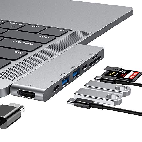 USB C Hub, 7 en 1 Adaptador de concentrador tipo C, USB C HDMI, 2 puertos USB 3.0, lector de tarjetas TF/SD, USB C Power Delivery, el mejor adaptador de doble hub Mac Type C para MacBook (Silver)
