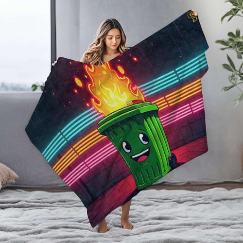 PKRD Couverture polaire en flanelle avec une poubelle souriante verte et flammes sur le dessus, 125 x 150 cm