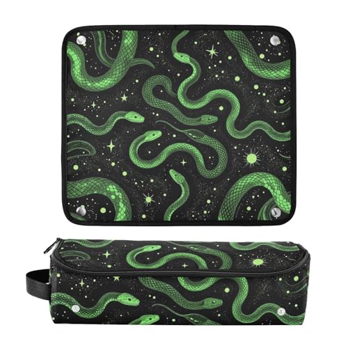 Bolsa de viaje y alfombrilla resistente al calor para herramientas de cabello, grande, para planchas, en diseño serpientes y estrellas verdes sobre fondo negro para mujeres miniatura 3