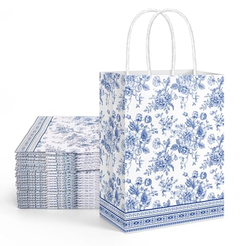 FYSUIMU Blue Floral Paper Gift Bags Vintage Blue White Toile Flower Party Favor Bags with Handle Spring Chinoiserie Goodie Gift Bag for Baby Shower Wedding Birthday Bridal Shower, 16 Pcs