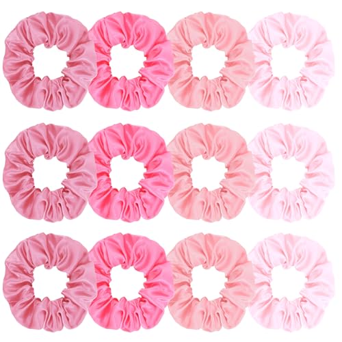 Silk Satin Scrunchies for Women Girls 12 PCS Multi-Pink-Colored Hair Scrunchies Silk Satin Hair Ties for Thick Hair Bulk Hair Ties Hair Accessories