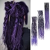 Lounoke 24 Inch 30 Strands SE Dreadlock Extensions Sets，3 In 1 Mixed Synthetic Dreads Extensions, Ombre Purple Straight&Curly&Boho Handmade Dreads Hippie Style Dreadlocks for Woman