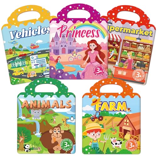 Sticker Books for Toddlers 2-4 Years 5 Sets Reusable Sticker Books for Toddlers 1-3 Jelly Toddler Stickers Travel Toys for Ages 2+ Kids Boys Girls Encourages Creativity Focus Fine Motor Skills