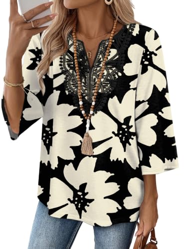 Image of WIHOLL 3 /4 Length Sleeve Womens Tops Boho V Neck Lace Shirt Trendy Blouses Dressy Casual Vacation Clothes S-3XL