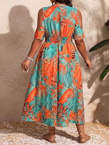 Image of Floerns Women's Plus Size Cold Shoulder Tropical Print V Neck Flared A Line Long Dress