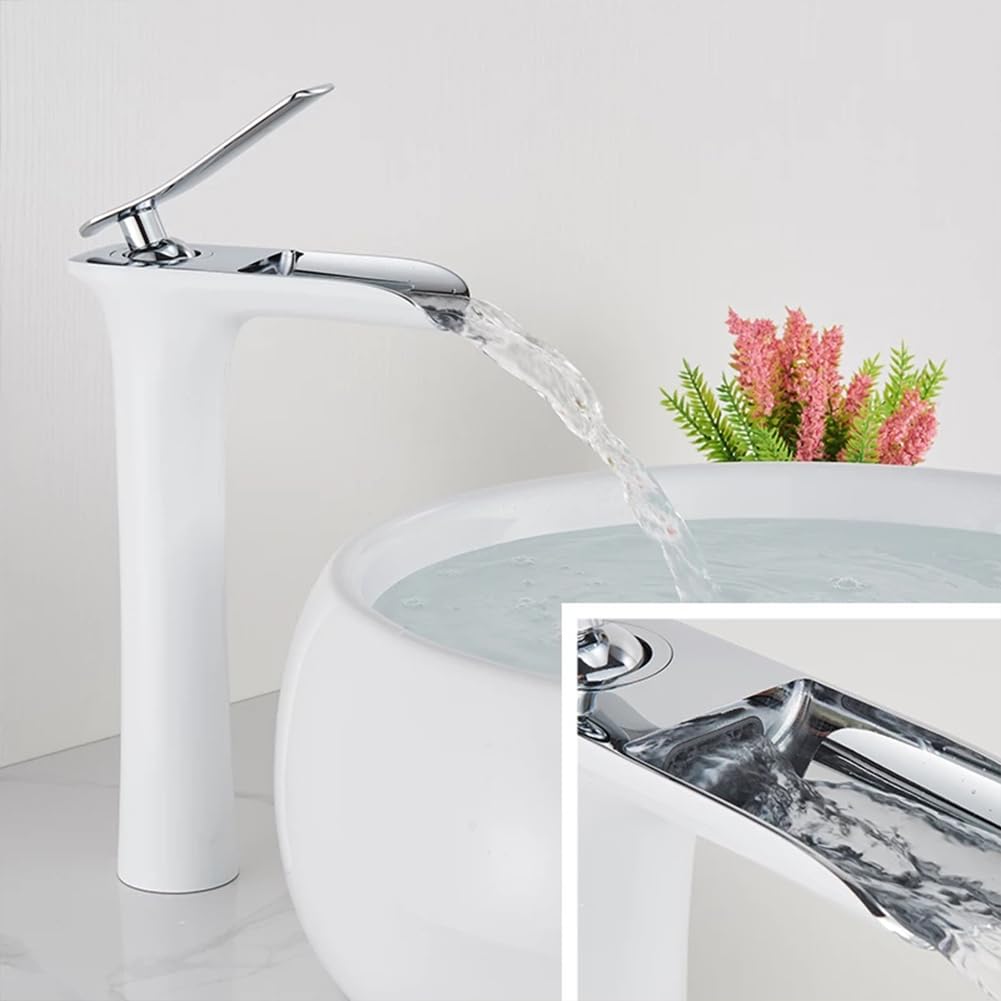 Wasserhahn Bad Wasserfall Waschtischarmatur Messing Einhebel Mischbatterie Hoch Waschbecken Armatur, Badarmatur Waschtischbatterie Badezimmer, Weiß