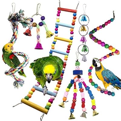 Bird Parrot Toys for Cages, PietyPet 6 pcs Colorful Chewing Hanging Swing Pet Bird Toy with Bells, Wooden Ladder Hammock, Rope Perch, Birdcage Stands for Small Bird