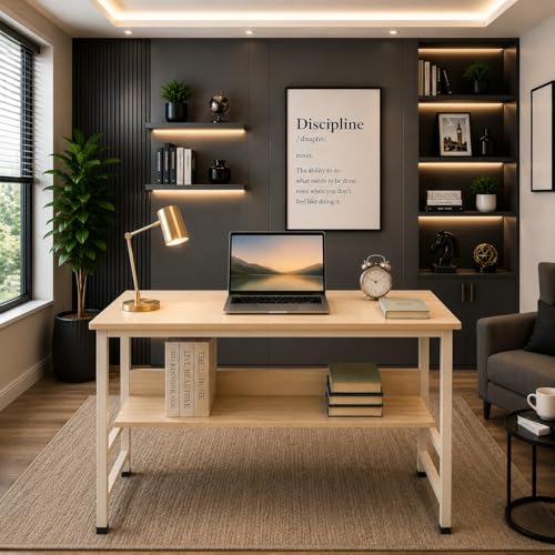 Image of Multipurpose Wood Study Table with Shelf Computer, Laptop & Office Workstation Desk for Home & Work - Easy to Assemble Gaming Concept Desk (White Board White Metal)(L*90,B*60,H*75)cm.