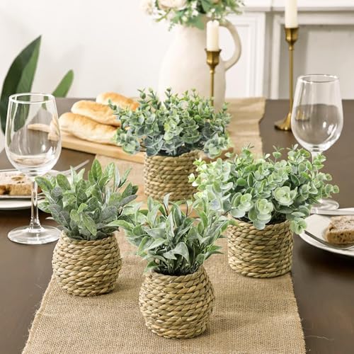 Small Fake Potted Plants: 7 Inches Artificial Plants with Seagrass Handwoven Planters, Indoor Farmhouse Spring Decorations, Eucalyptus Plant for Home Bathroom Office Shelf Tabletop Desk Room Decor - Image 5