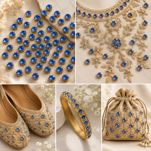 Image of Pack of 12 Buttons Diameter 25 mm,(1 inch) 4 Holed for Sewing and Art and Craft Round Buttons with 4 Holes| (Blue Kundan Stone)