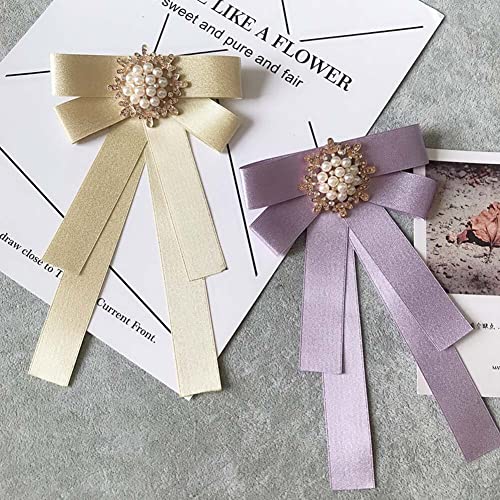 Image of Women Elegant Pearl Ribbon Bow tie Brooches Pin Jewelry Pre-Tied Collar Neck Tie Clip for Lady Girls Wedding Party