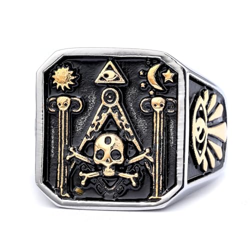SMANXEY Masonic Master Mason Ring Hiram Abiff Temple Builder Skull & Crossbones Embrace Death - Rebirth Metaphor with All - Seeing Eye & Classic Symbols Collection
