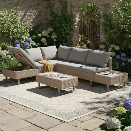 Sapgaks Salon de Jardin Exterieur 4/5 Personnes,Ensemble Poly rotin, Salon de Jardin, canapé Salon,Salon avec canapé d'angle, Table et Coussins, Housse en...