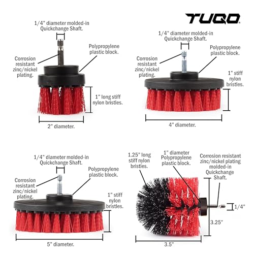 Image of TUQO SB20R Drill Brush Attachment Set | Power Scrubber Cleaning Kit for Outdoor Surfaces, Siding, Gutters, Brick & Garage | Stiff Bristles | Hex Shank Fits Most Drills | Red