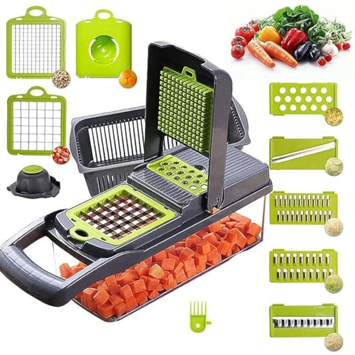 All-In-One, 12 Blade Mandoline Slicer, Vegetable Spiralizer, Cutter, Dicer, Food Chopper, Grater, Kitchen Gadgets Sets with ContainerPro Onion Chopper Veggie Chopper With Container(Grey green) slicer