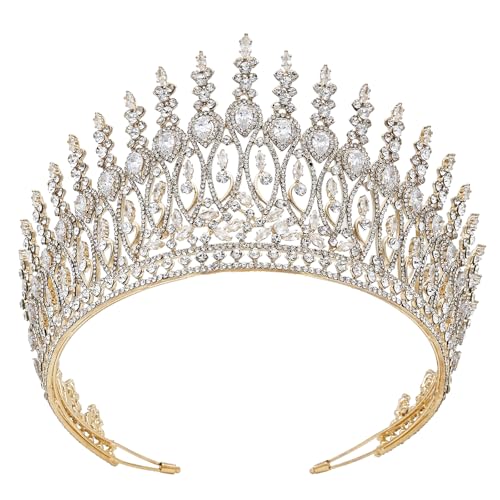 Zircon Crown for Women - Large Gold Tiara for Pageants, Weddings, Quinceañera, Birthday Crystal Headpiece Bridal Hair Accessories