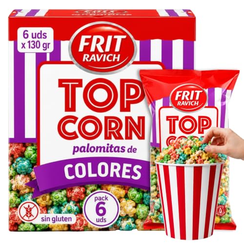 Palomitas de Colores Frit Ravich, Palomitas de maíz de colores, Elaboradas con maíz especial para palomitas, azucarm aceite de girasol y Colorantes, Vegano, Contiene 6 Unidades de 130 gr