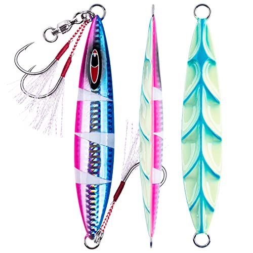Goture Glow Slow Pitch Jigs with Portable Jig Bag Double Assist Hook Fishing Jig Lead Saltwater Jigging Lures for Tuna Dogtooth Tuna Yellowtail Kingfish Bluefin-3Weights(100g/150g/250g) &3Colors