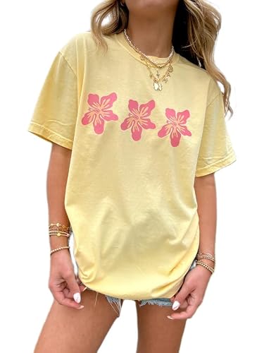 Image of Oversized Graphic Shirt for Teens Girl Y2K Ocean Floral Short Sleeve Baggy Tee Shirts Vintage Aesthetic Coastal Tops (Yellow#1, L)