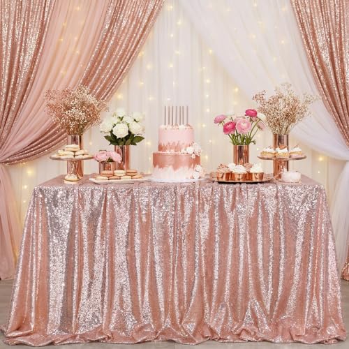 Image of Sequin Tablecloth Rectangle Party Desk Decor 60x102 Inch Blush Pink Fabric | Table Cloth Glitter Fabric Overlay for Indoor Outdoor Dining Baby Shower Wedding Parties Home Banquet