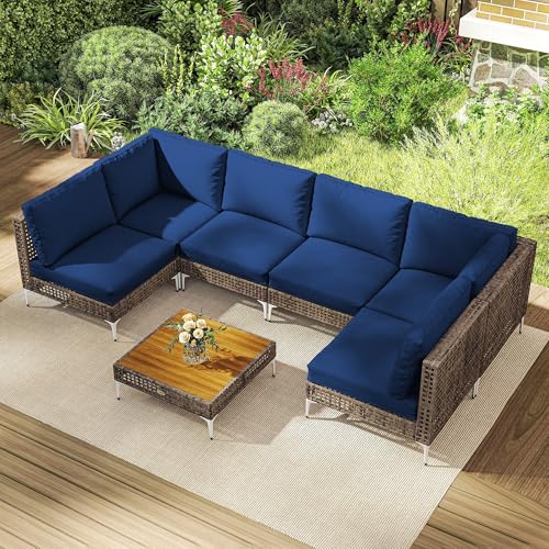Outsunny 7 Piece Wicker Patio Furniture Set, Modular Outdoor Sectional with Thickened Cushions, Rattan Outdoor Furniture Conversation Set with Slatted Acacia Wood Table for Backyard, Brown/Dark Blue